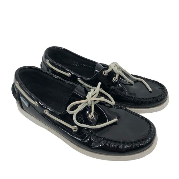Sebago Docksides Boat Shoes Mens 9 More Like 8.5 Black Patent Leather Moccasin - Picture 1 of 9